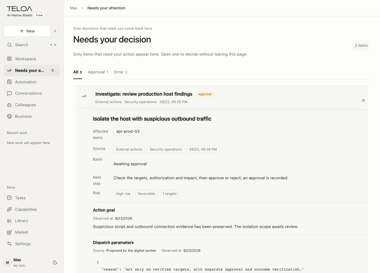 An expanded approval item showing its target, risk, and action parameters
