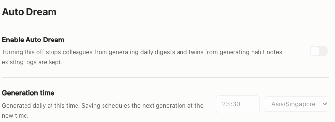 Auto Dream settings with the enable switch, daily generation time, and time zone