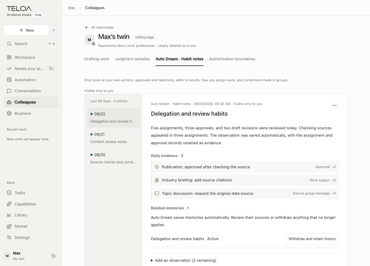 Digital twin Auto Dream habit observations with dates, daily evidence, and a withdrawal entry