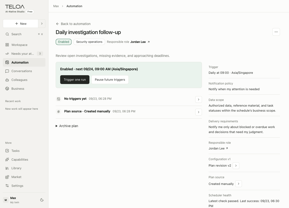 Automation details showing enabled status, a daily trigger, time zone, and run controls