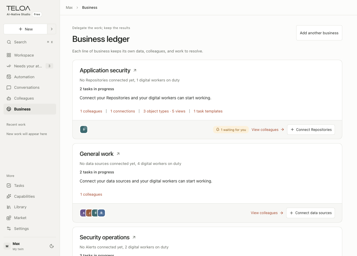 Business overview cards with resource summaries and data-source entries