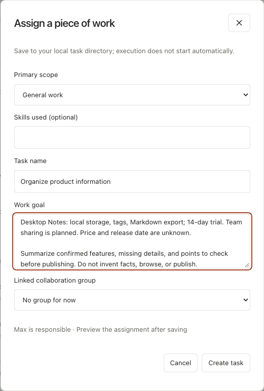 Task form with a business area, name, and work objective