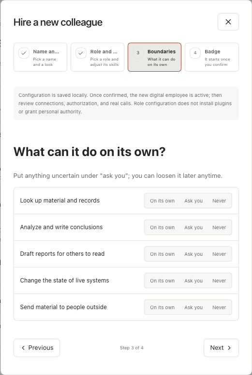 Setting independent, approval-required, and prohibited actions in the colleague wizard