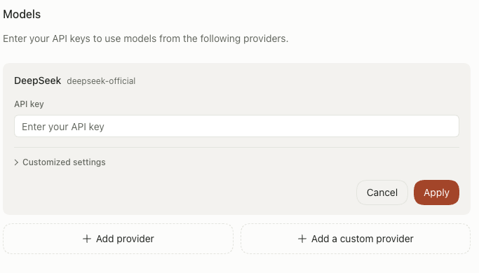 DeepSeek provider settings with an empty API key field